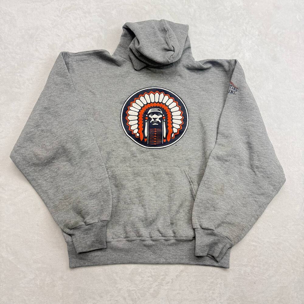 University Of Illinois Indian Chief Head Men's Hoodie Grey Size M Russell 90s